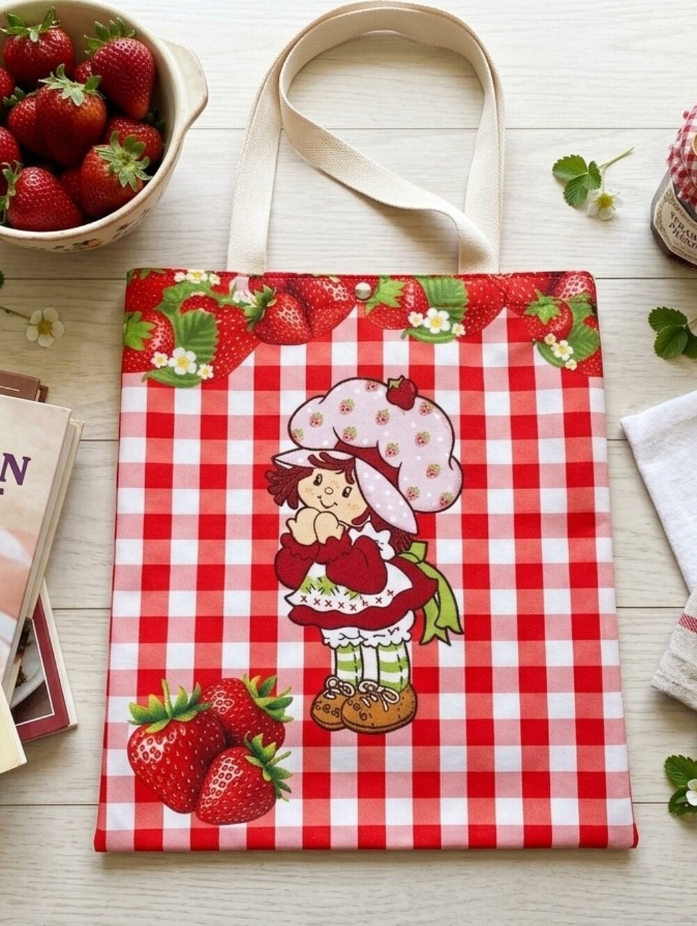 Strawberry Checkered Tote Bag - Red